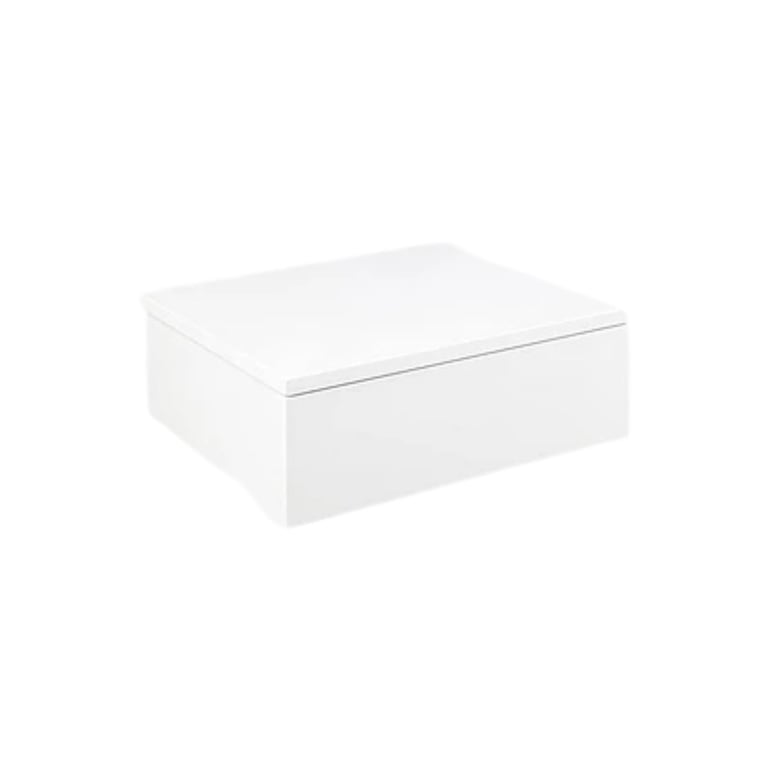 White rectangular box or storage container with a hinged lid, shown at an angle against a white background