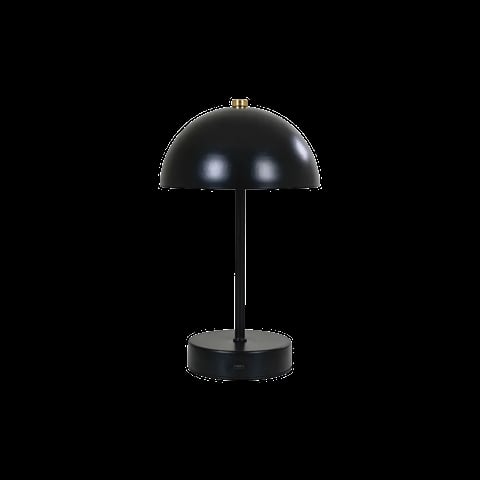 Black dome table lamp with tall stem and round base on dark background