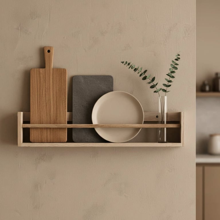 Minimalist wooden shelf with cutting board, stone block, white bowl, and glass vase with green ferns against a neutral wall.