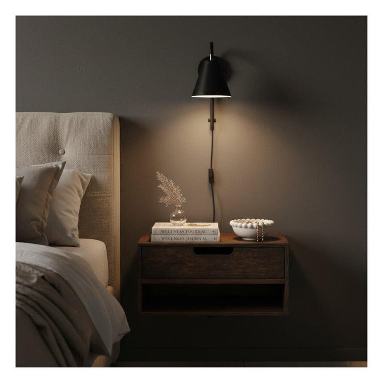 Minimalist bedroom nightstand with dark wood table, hanging black pendant lamp, books, decorative plant, and beige upholstered headboard