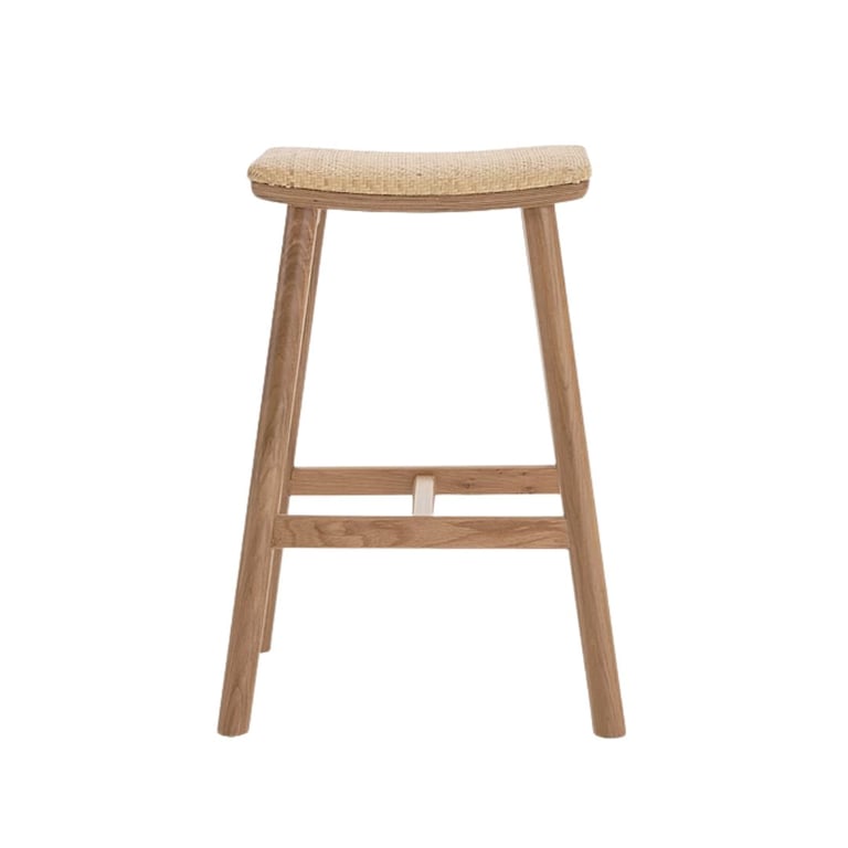 Wooden bar stool with natural finish and woven seat cushion