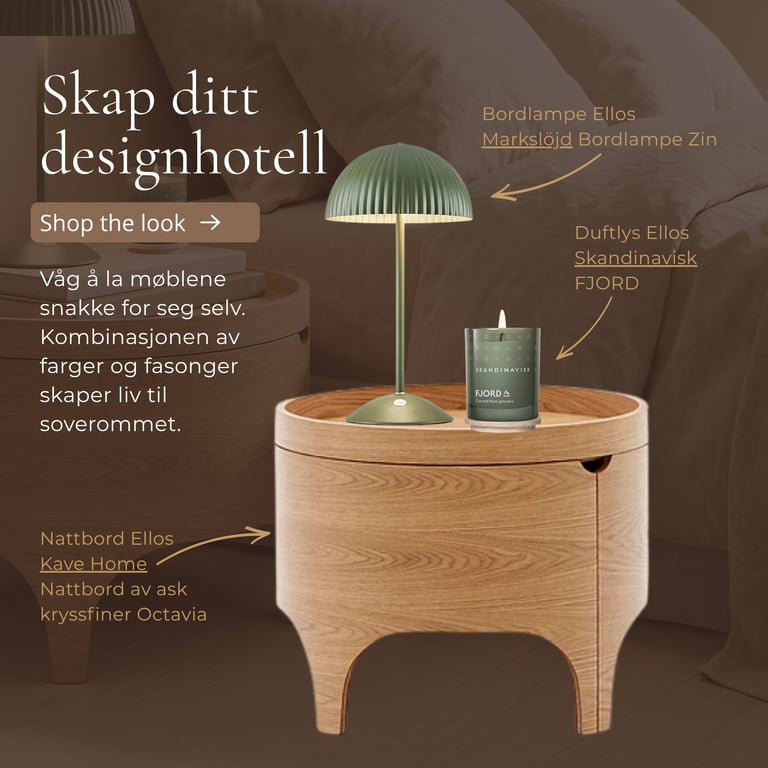 Scandinavian design bedroom styled with wooden nightstand, mint green desk lamp, candle, and shopping links to furniture and home decor