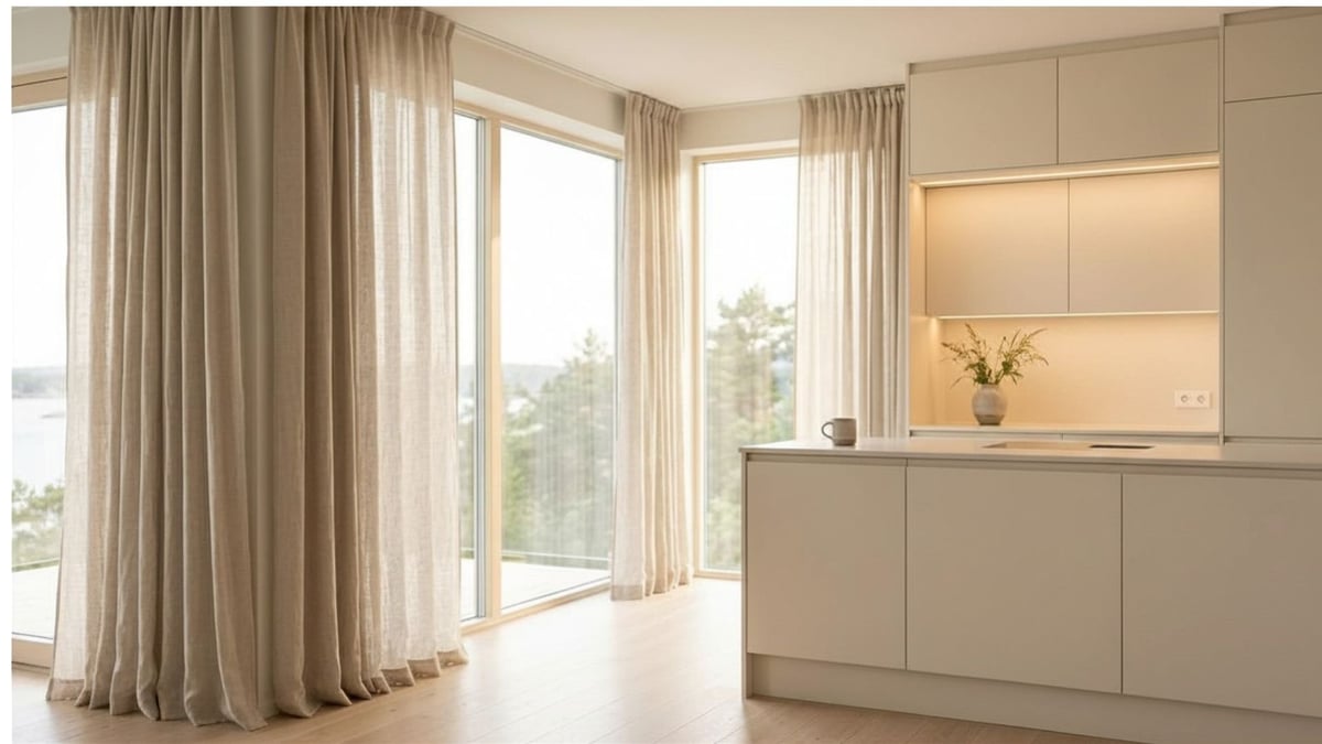 Perfekt til lyse kjøkken - LEAH Linen Beige gardiner