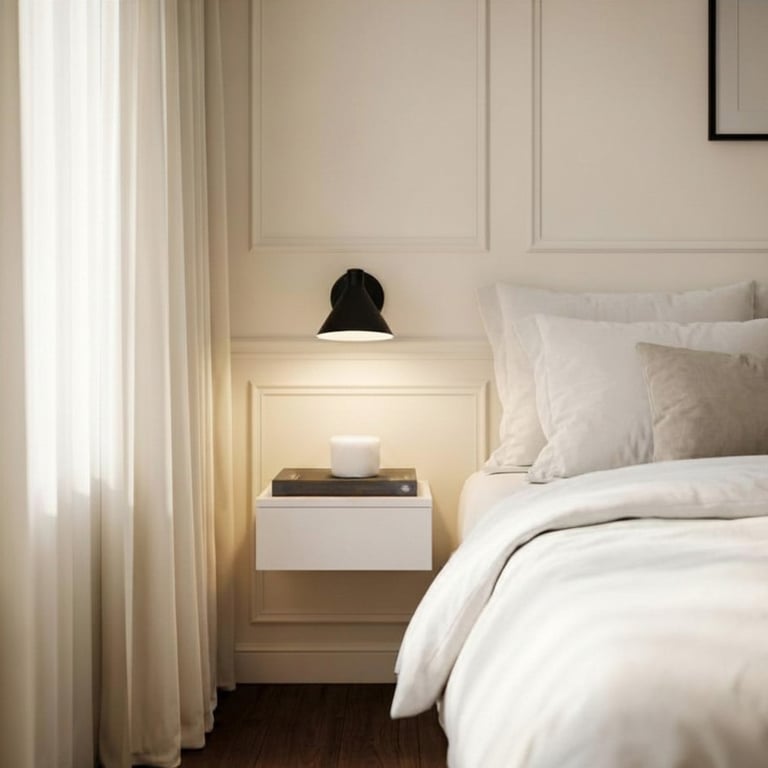 Modern bedroom with white bedding, floating nightstand