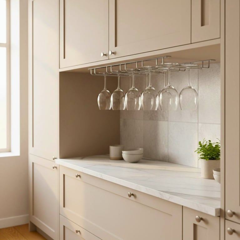 Cream-colored kitchen cabinetry with hanging wine glasses, white countertop, white bowls, and small potted plant