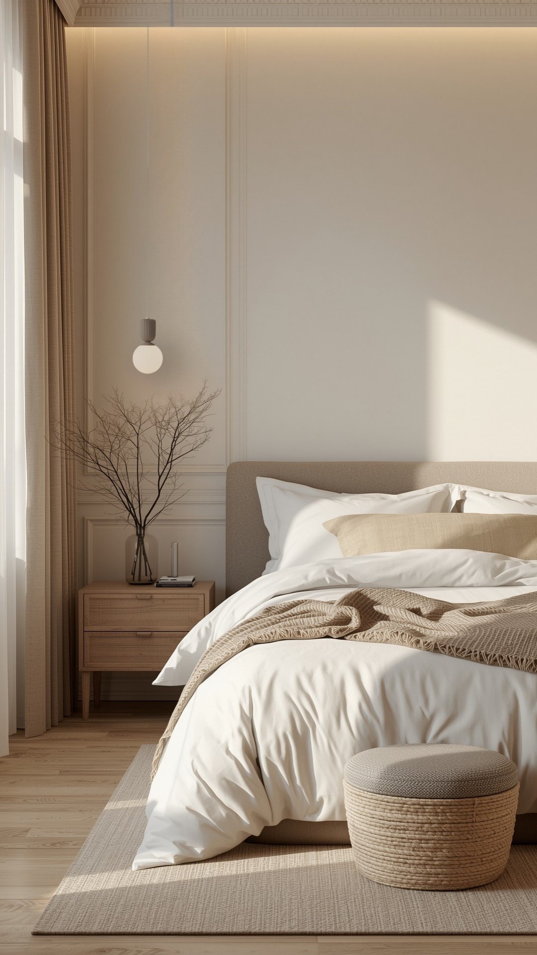 Minimalist bedroom with bed, beige bedding, wooden nightstand with plant, hanging pendant light, and woven basket on neutral tones