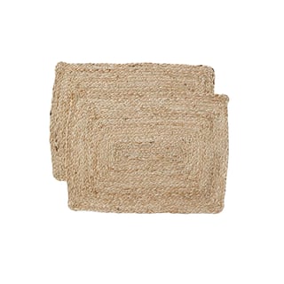 Two stacked natural woven jute placemats with rectangular shape and textured surface