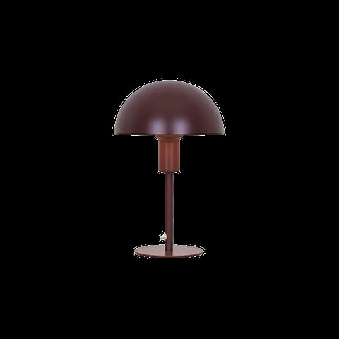 Brown dome table lamp with cylindrical wooden stem and round base on black background