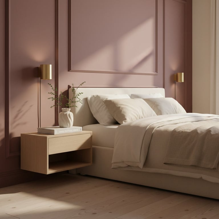 Modern bedroom with beige bed, wood nightstand, white pillows, and mauve walls with natural light streaming through