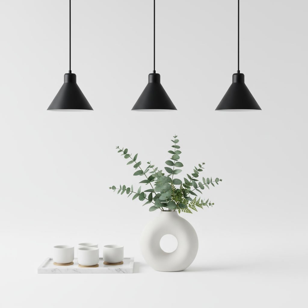 Three black pendant lights above a white donut-shaped vase with green ferns, beside three white ceramic cups on a tray