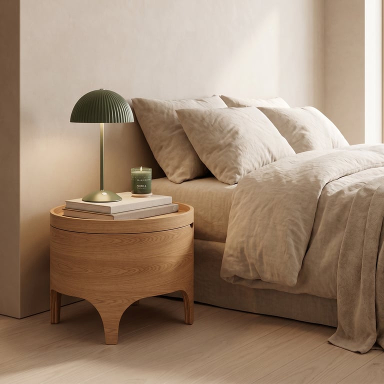 Minimalist bedroom with beige bedding, wooden round nightstand, green mushroom lamp, and white wall with natural light