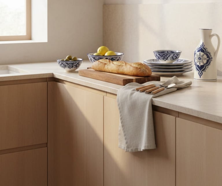 Kitchen counter with blue and white dishware, fresh bread on cutting board, yellow lemons in bowl, and wooden utensils near a cream towel