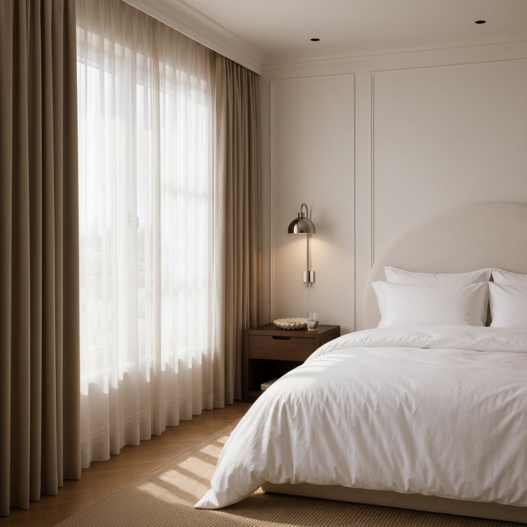 Modern bedroom with white bedding, pendant lamp, wooden nightstand, and floor-to-ceiling curtains allowing natural light
