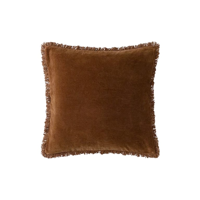 Brown velvet square pillow with fringed edges on white background