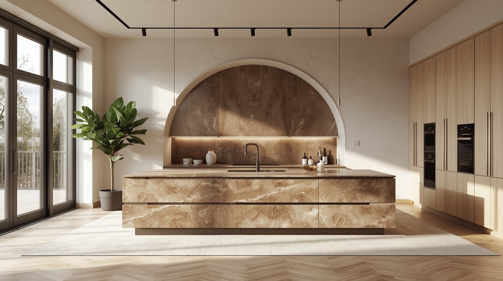 Elegant kjøkken med hvit marmor benkeplate og moderne innredning