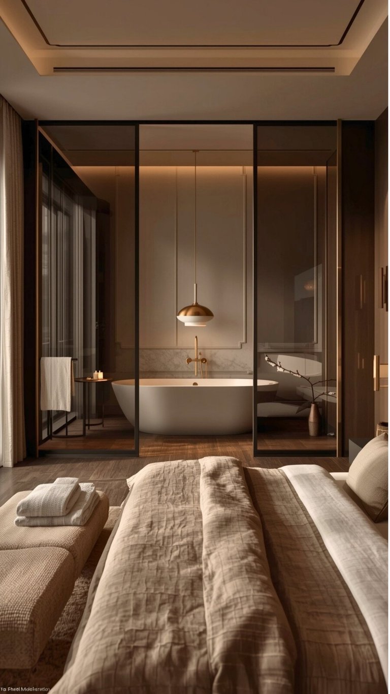Modern luxury bedroom with attached ensuite bathroom separated by glass doors, featuring a bed in the foreground and a freestanding bathtub visible through the partition