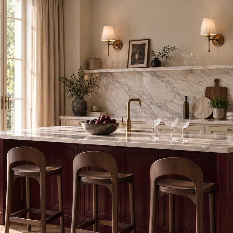 Elegant kitchen with marble countertop, dark wood island with three curved bar stools, white marble backsplash, and warm neutral tones