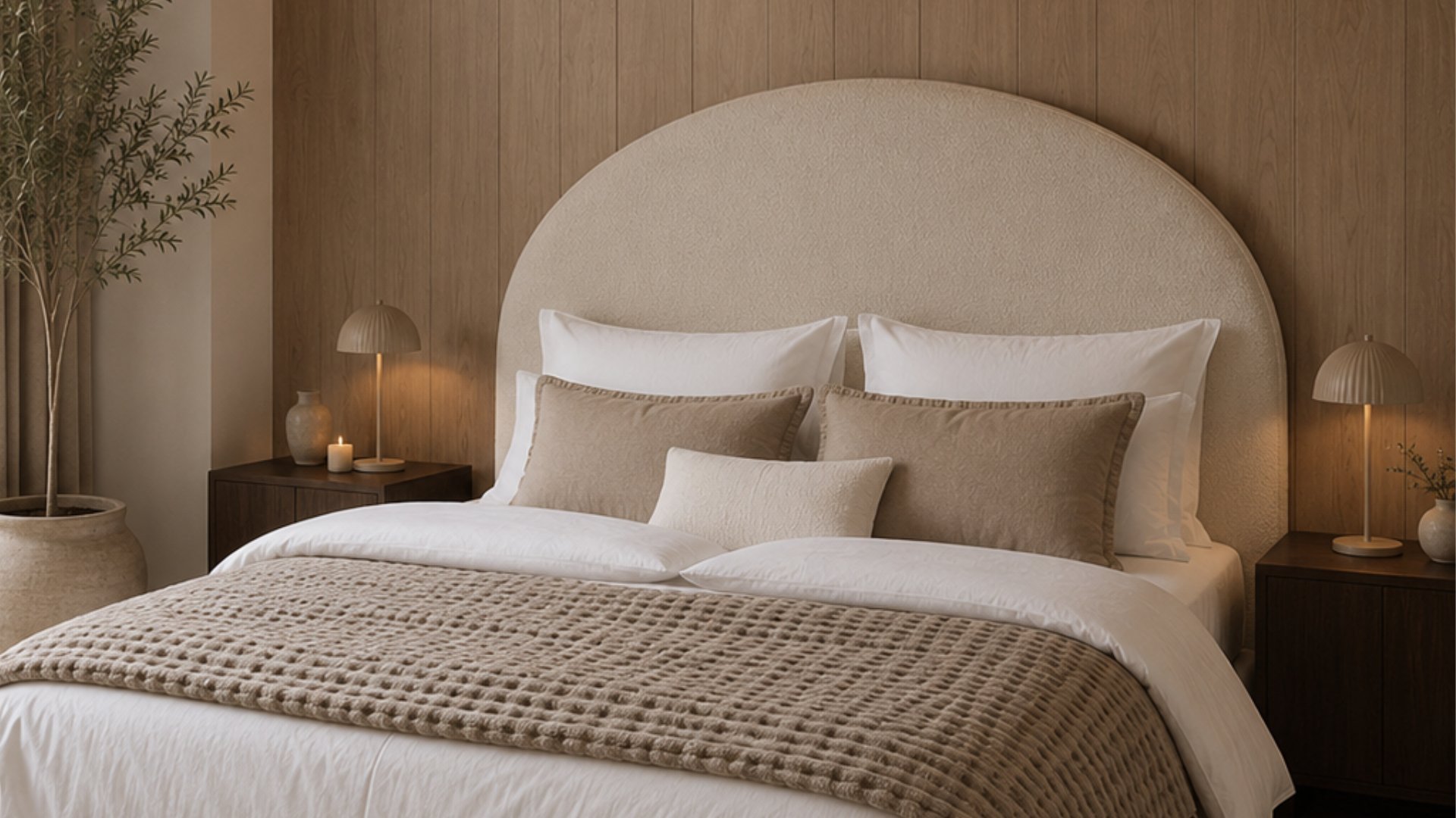 Elegant bedroom with a beige upholstered headboard, white and taupe bedding, and warm ambient lighting from nightstand lamps.