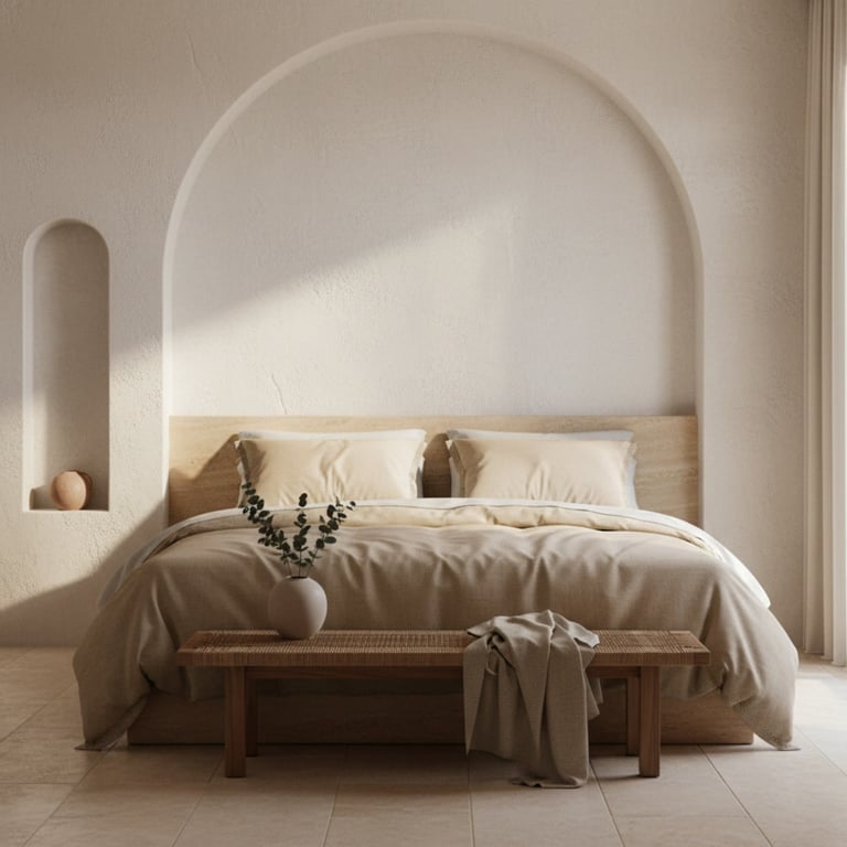 Minimalist bedroom with arched headboard, beige bedding, wooden bench, and built-in alcove in neutral modern interior