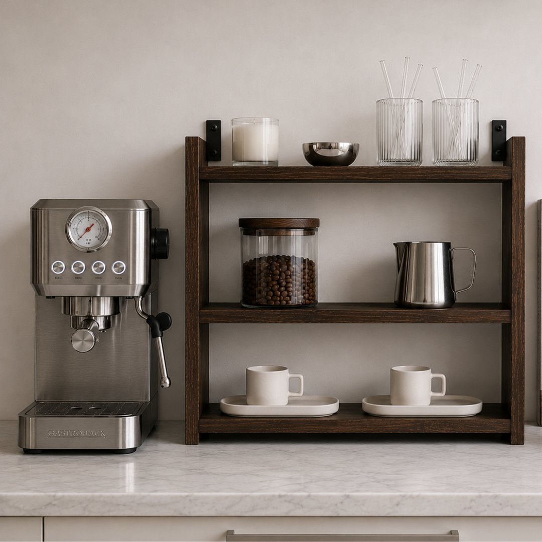 Espresso machine and wooden shelf unit with coffee accessories, mugs, and glasses on white countertop