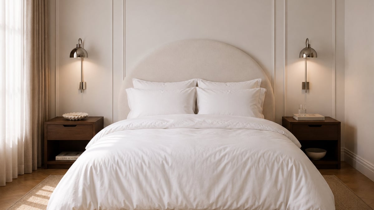 Modern bedroom with white bedding, upholstered headboard, wooden nightstands with pendant lamps, and neutral beige walls