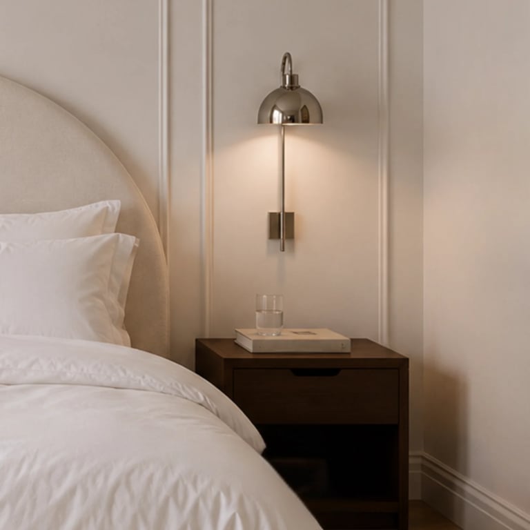 Modern bedroom with white bedding, dark wood nightstand, and brass wall-mounted pendant light above