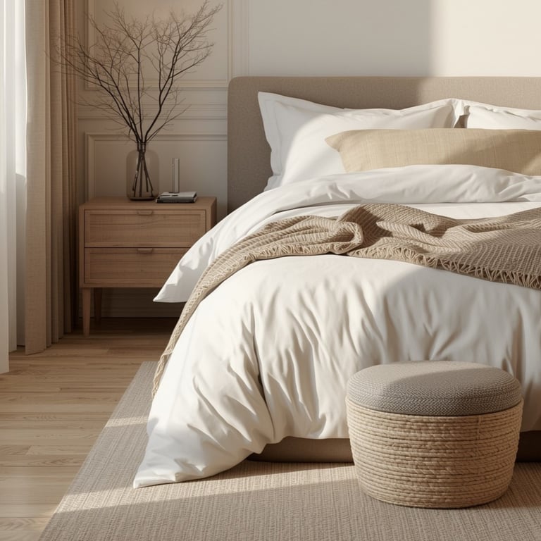 Serene bedroom with cream bedding, gray upholstered headboard, wooden nightstand with dried branches, and woven pouf on warm-toned rug.