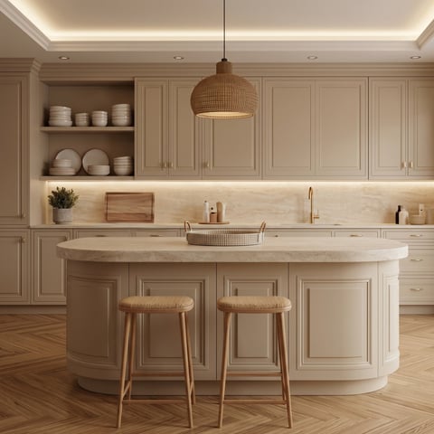 Modern cream-colored kitchen with curved island, woven pendant light, white cabinetry, marble countertops, and wooden bar stools