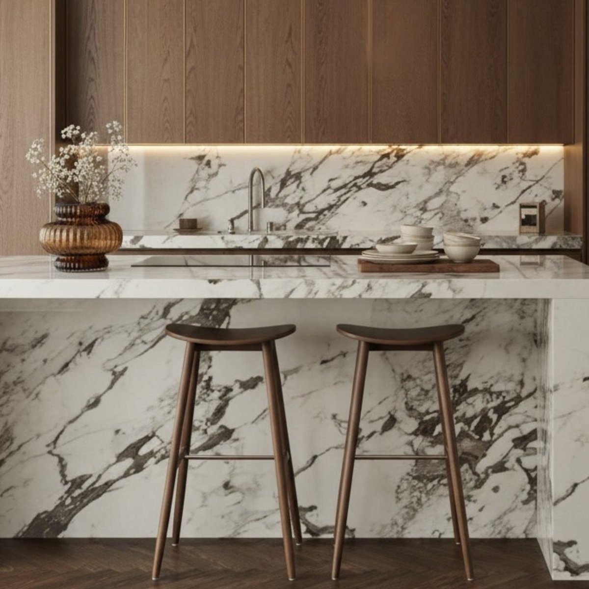 Modern kitchen island with white marble countertop, wood panel backsplash, two wooden bar stools, and decorative items on counter