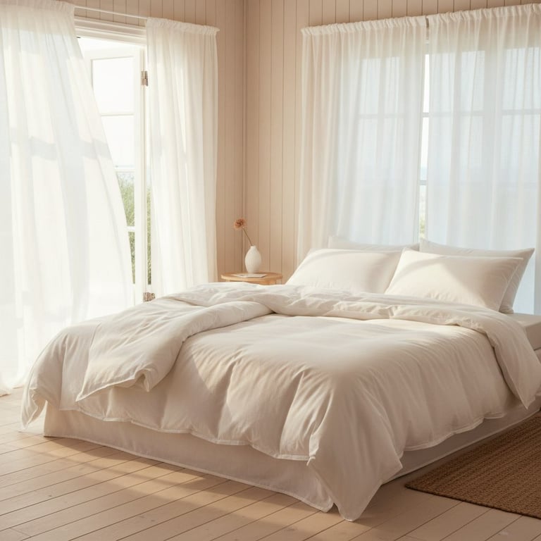 Bright, minimalist bedroom with a beige bed, cream bedding, sheer white curtains on large windows, and light wood flooring