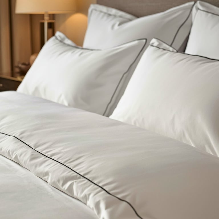 Neatly made bed with white linens, pillows, and gray piping detail, with bedside lamp and warm lighting