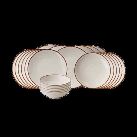 Set of white dinnerware with brown stripe trim including plates and bowls arranged on black background