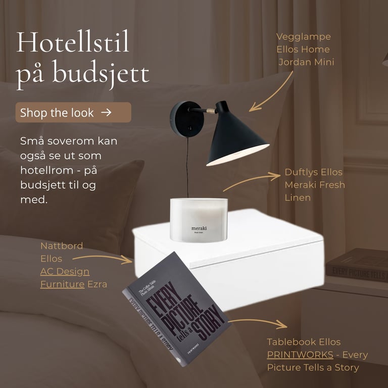 Hotel styling display featuring modern lamp, white pedestal with candle, and design products with labeled annotations on warm background