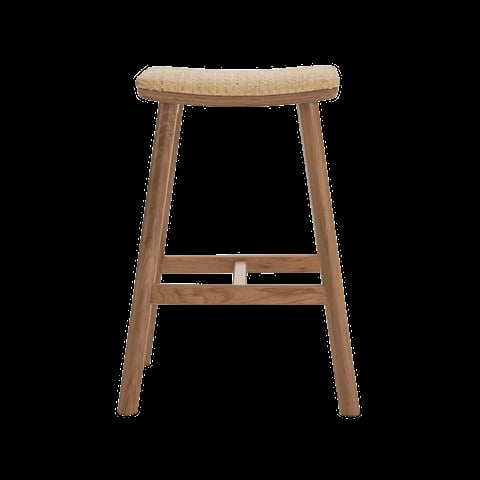 Wooden bar stool with curved top seat, tapered legs, and lower footrest support