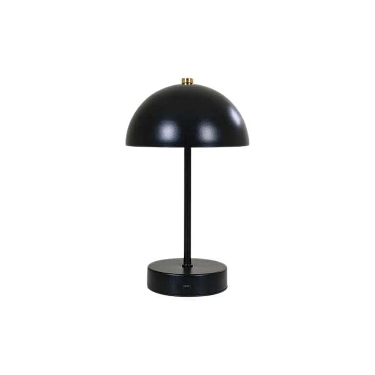 Black mushroom-shaped table lamp with dome shade, cylindrical stem, and round base on white background