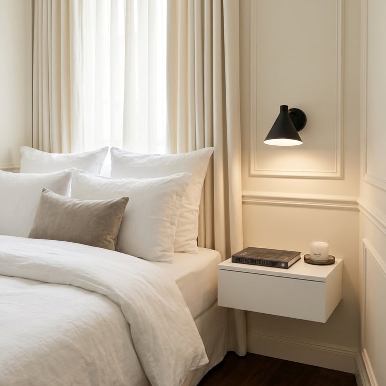 Modern bedroom with white bed, beige pillows, neutral curtains, floating white nightstand, black pendant lamp, and light wood paneled wall