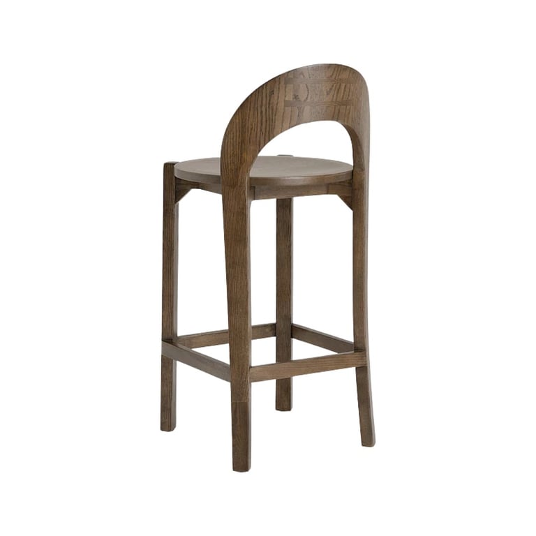 Modern wooden bar stool with curved backrest and footrest in natural brown finish