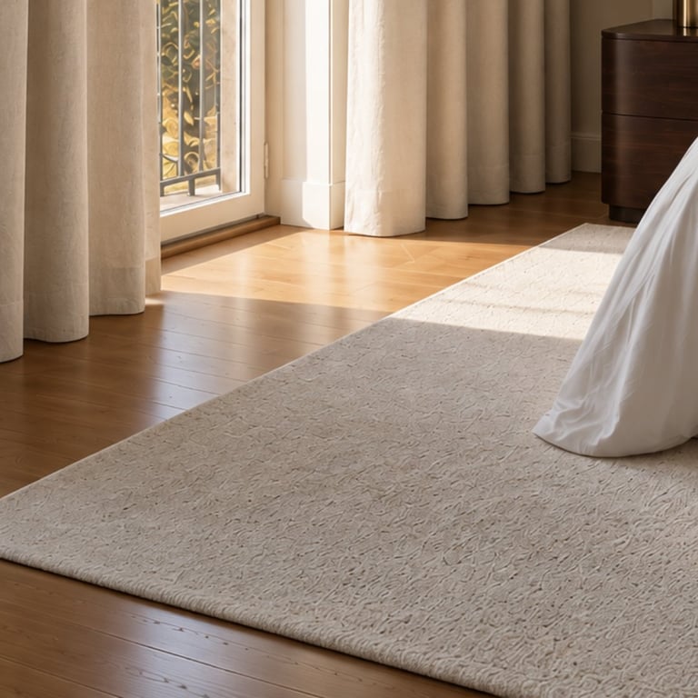 Beige area rug on wooden bedroom floor with flowing white curtains, bed visible on right