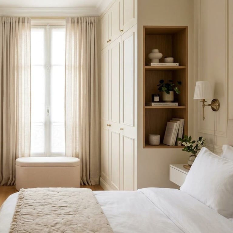 Serene cream and beige bedroom with white bedding, built-in shelving, window seat, and elegant curtains