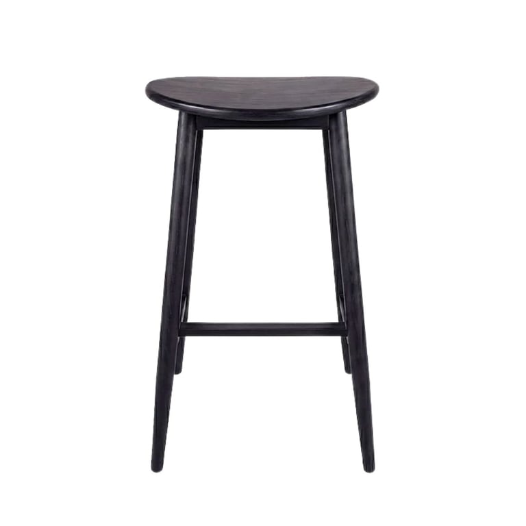 Black wooden bar stool with curved saddle seat and four tapered legs