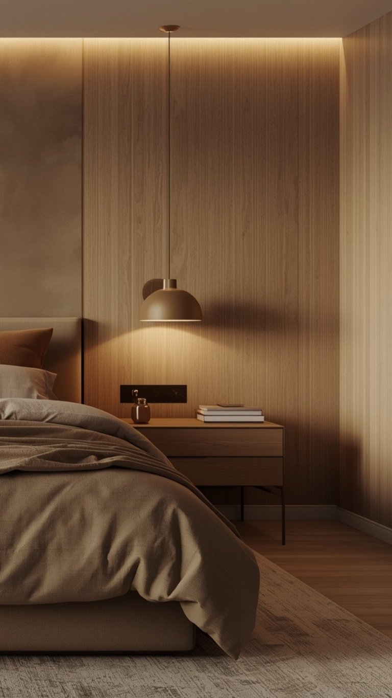 Modern minimalist bedroom with warm wood paneling, bed with neutral bedding, wooden nightstand, pendant lamp, and warm ambient lighting