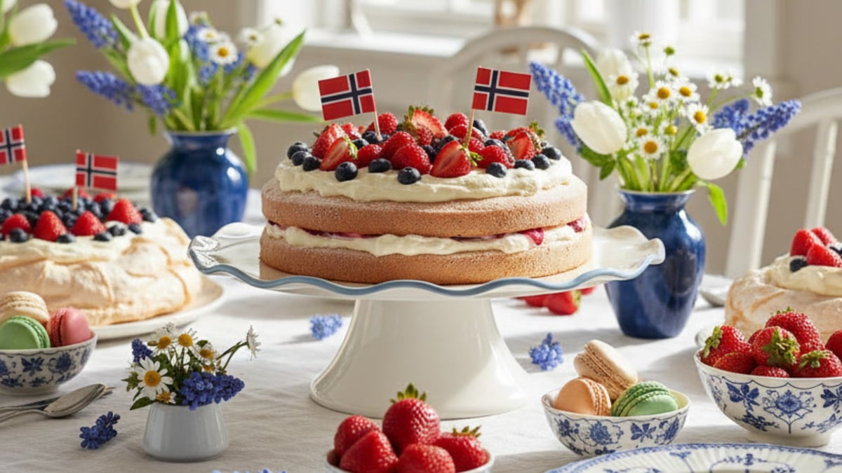 17 mai borddekking med bløtkake på Lexington kakefat fra Ellos