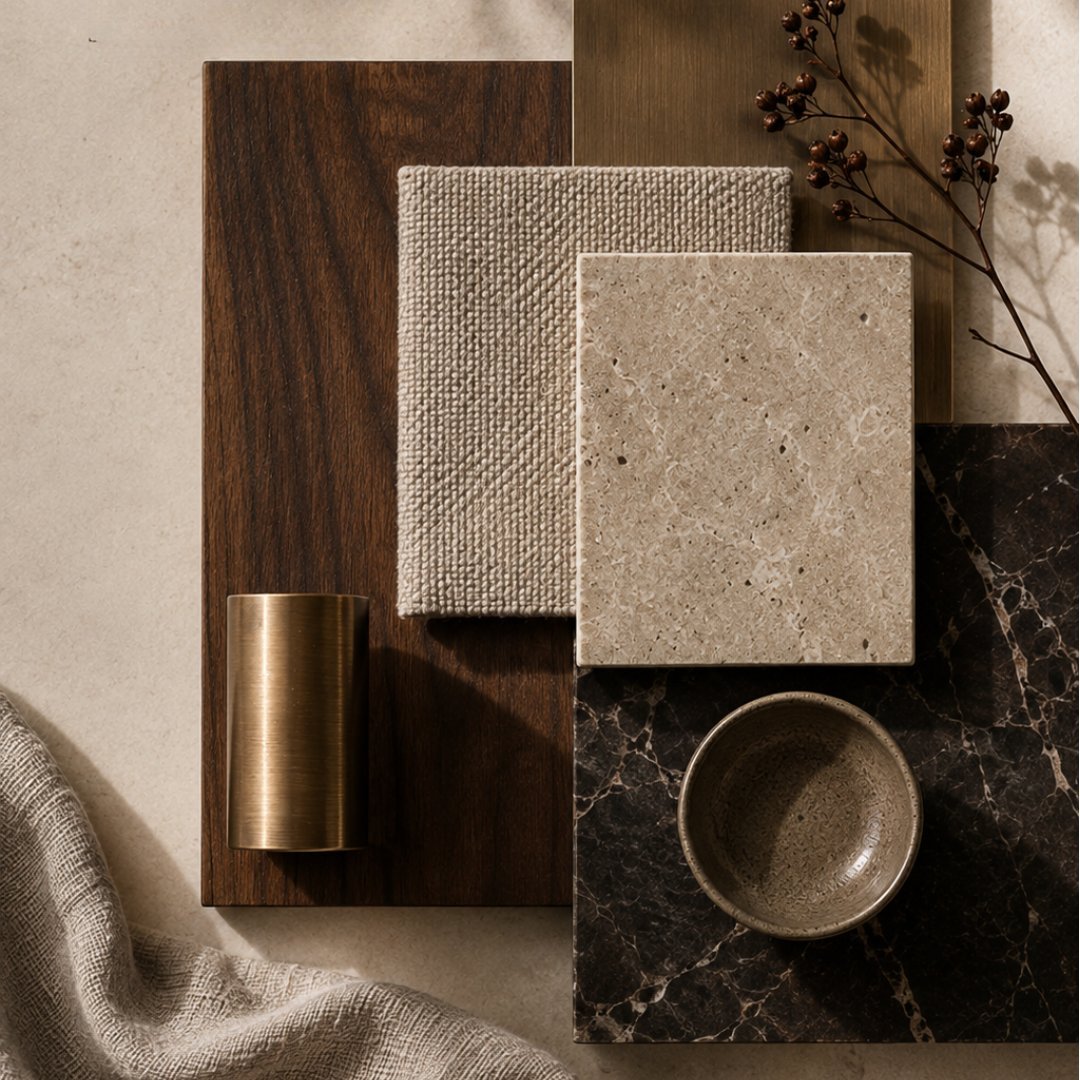 Flat lay of interior design materials including wood, fabric, stone tiles, metal cylinder, ceramic bowl, and dried botanicals arranged on neutral background