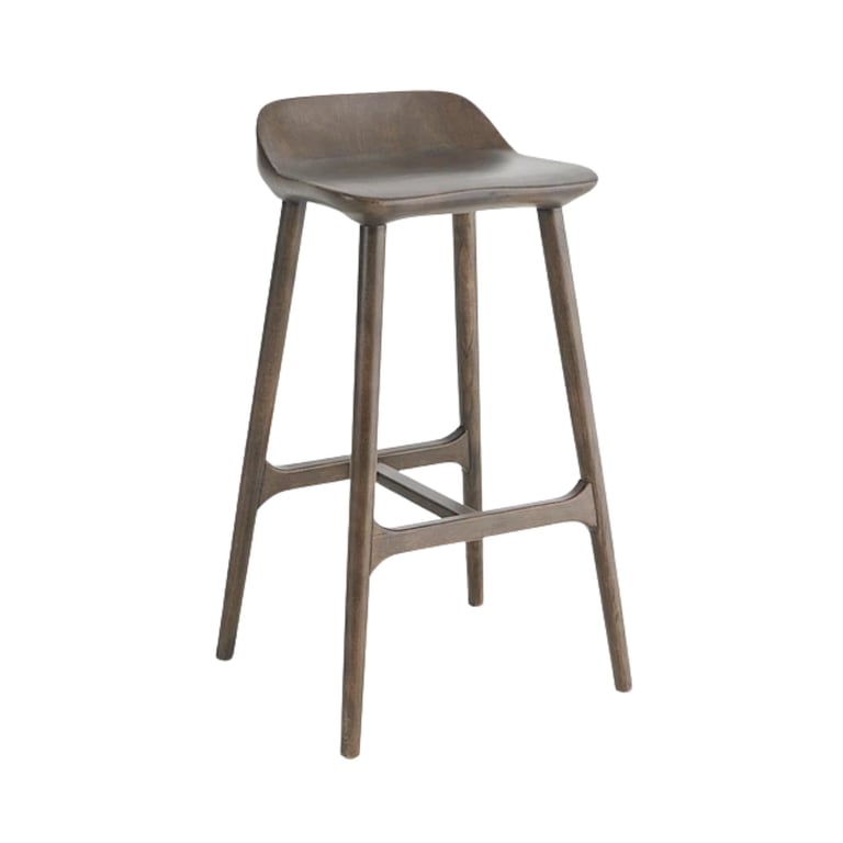 Moderne barstol i tre med grå finish, elegant sete, vinklede ben og integrert fotstøtte
