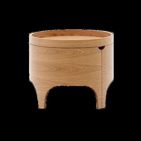 Wooden cylindrical storage container with curved legs and a lid, made from light natural wood grain