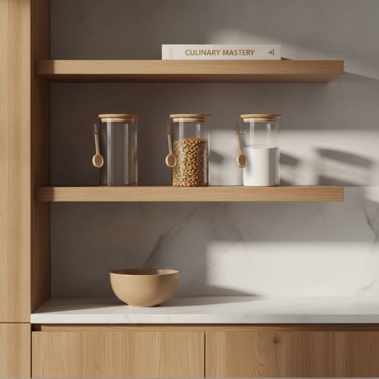 Wooden kitchen shelving unit with glass storage containers with wooden lids and a beige ceramic bowl on light marble countertop