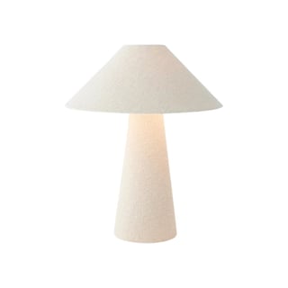 Beige fabric table lamp with conical shade and cylindrical base on white background