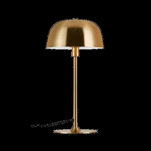 Gold dome table lamp with tall brass stem on round base against black background