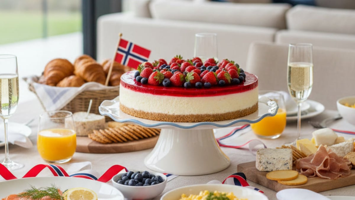 elegant 17 mai brunsj med kakefat som bordets midtpunkt