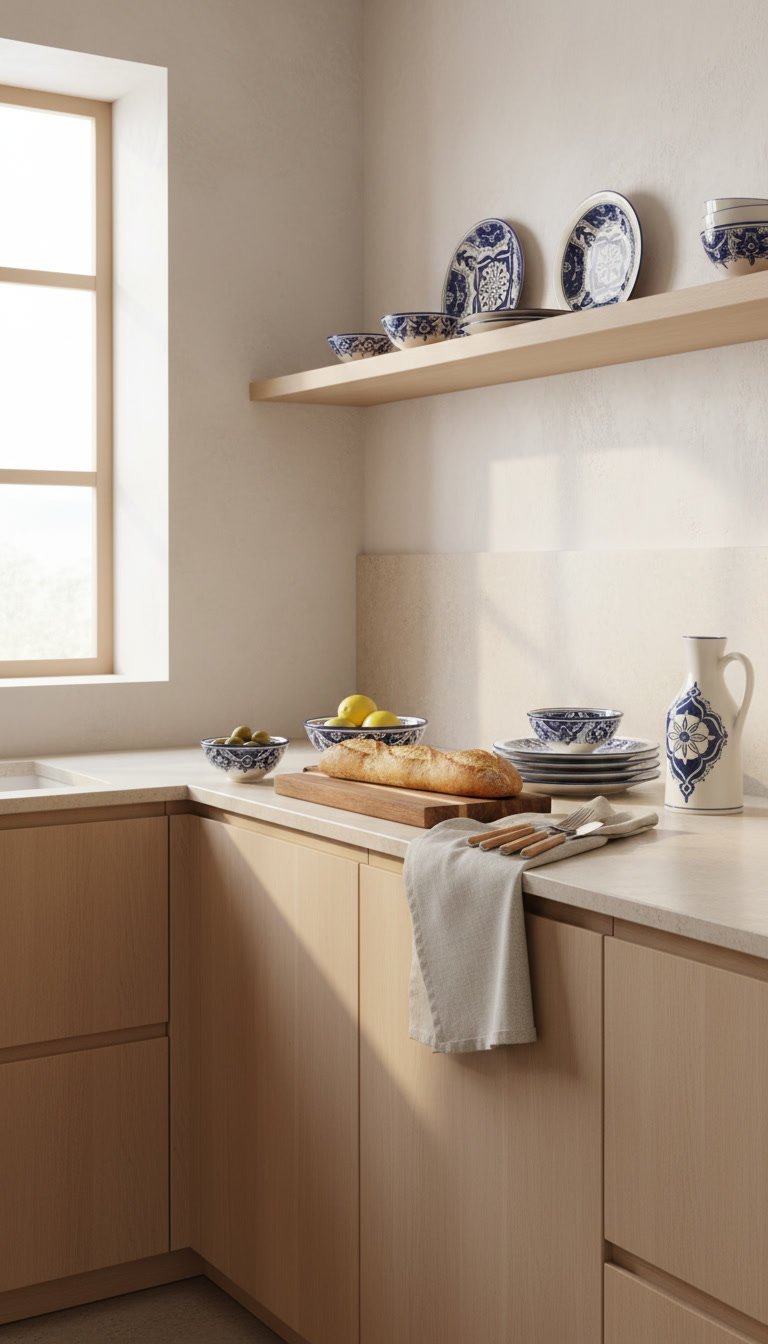 Minimalist kitchen corner with wooden cabinetry, a floating shelf displaying blue and white porcelain, and countertop with bread and fresh lemons